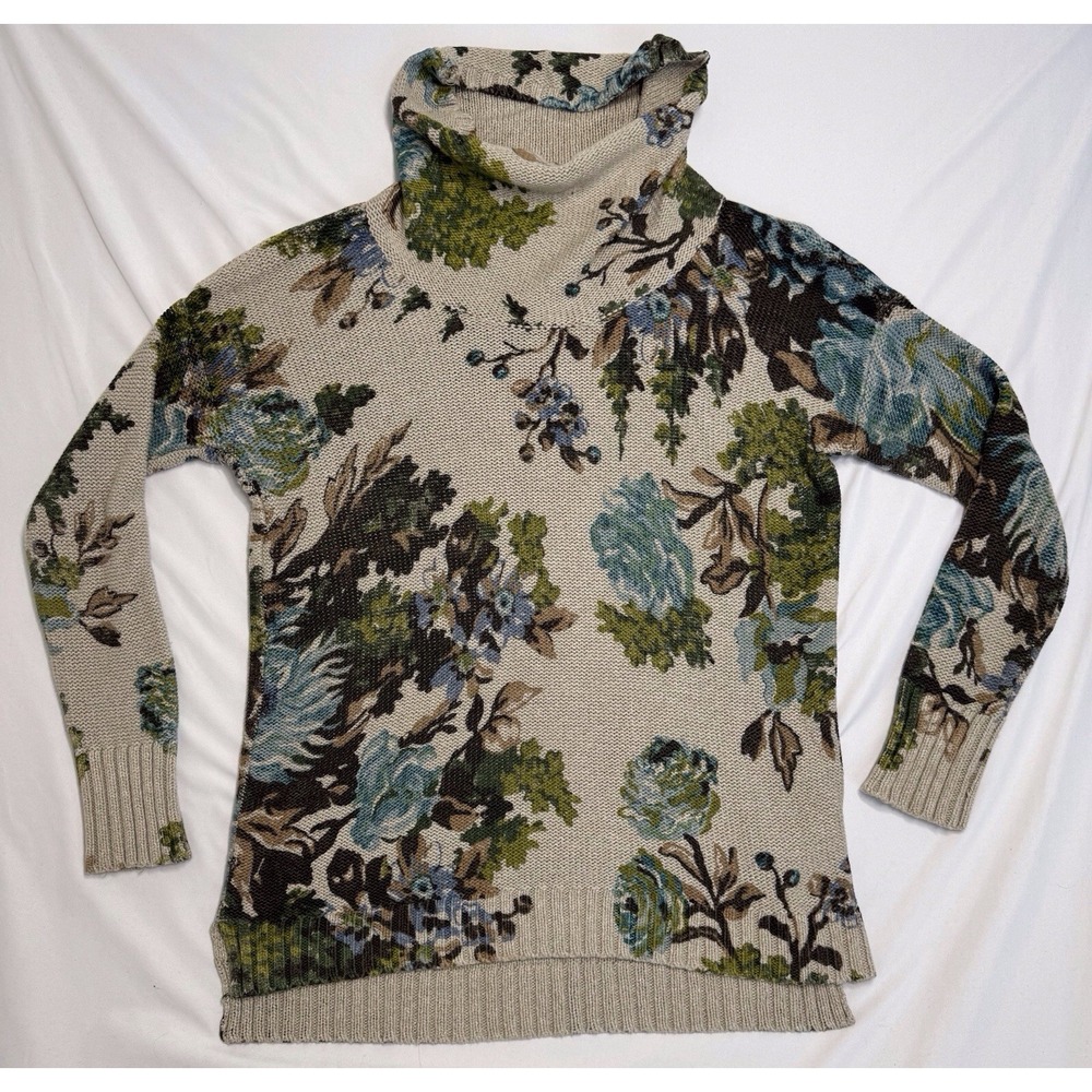 J Jill Beige Floral Cowl Neck Long Sleeve Tunic Sweater Womens Size XS